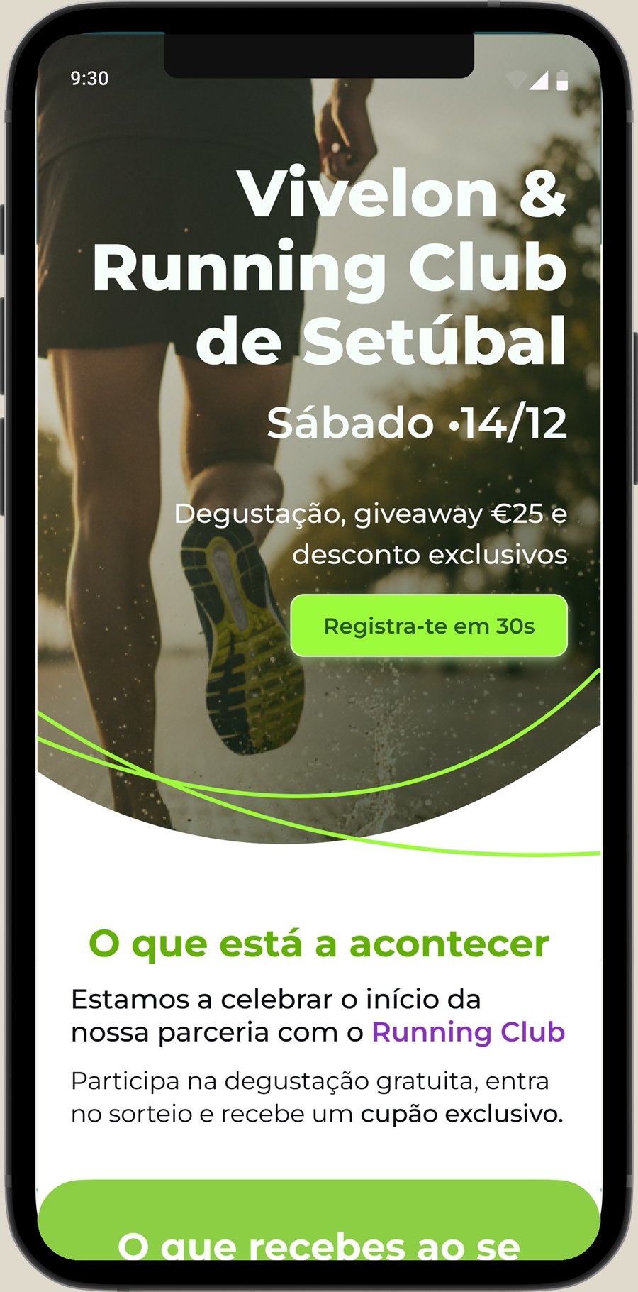 Landing page do evento com o Running Club de Setúbal no smartphone