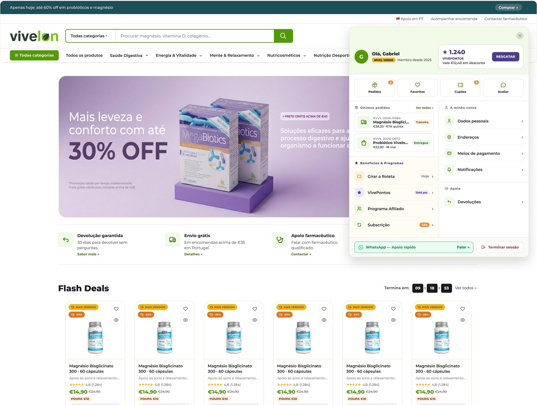 Home da Vivelon em desktop com o painel de conta e navegação aberto