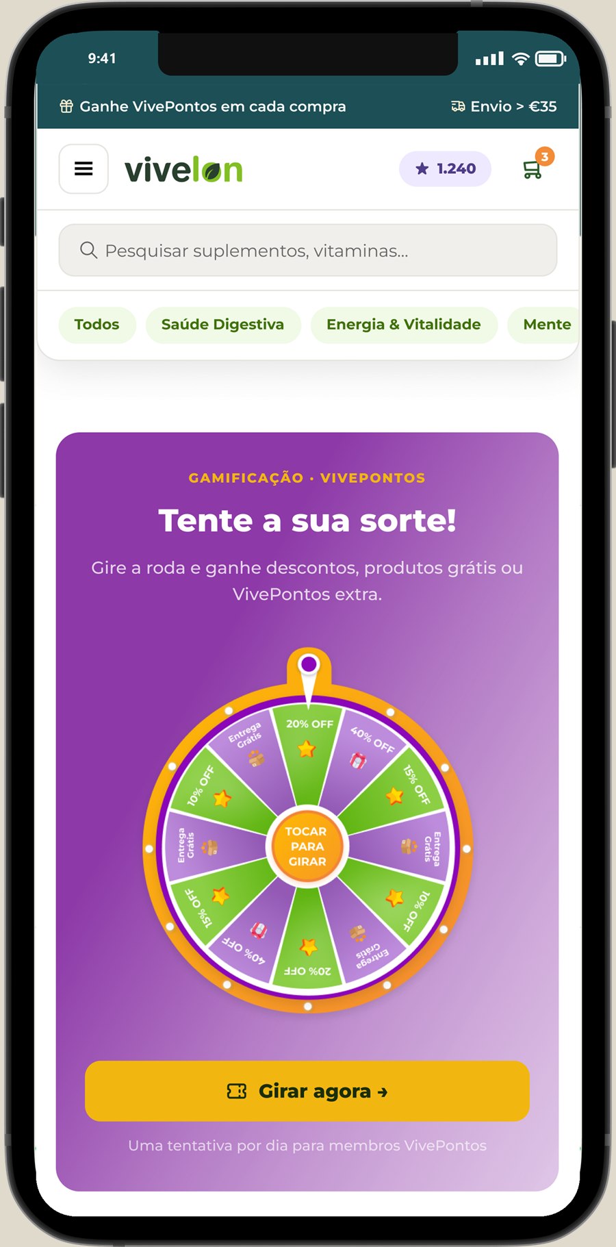 Roleta de prémios VivePontos no smartphone