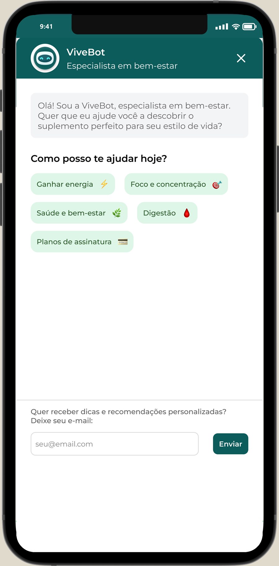 Chat do ViveBot recomendando suplementos no smartphone